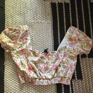 Zara White Pink Smocked Crop Blouse